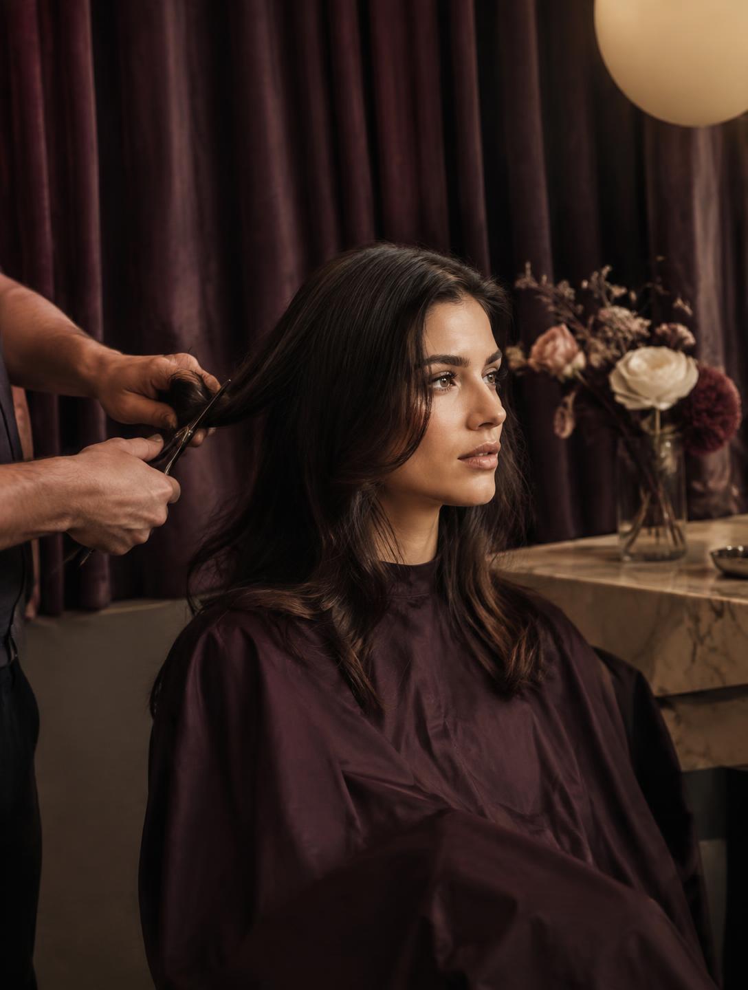 Client mid-haircut in a velvet-draped salon